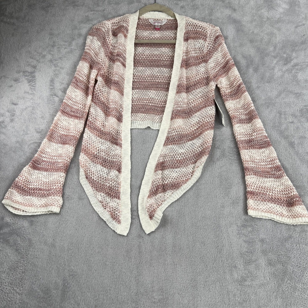 No Boundaries Open Knit Cropped Cardigan XS Pink White Bell Sleeve Boho NWT